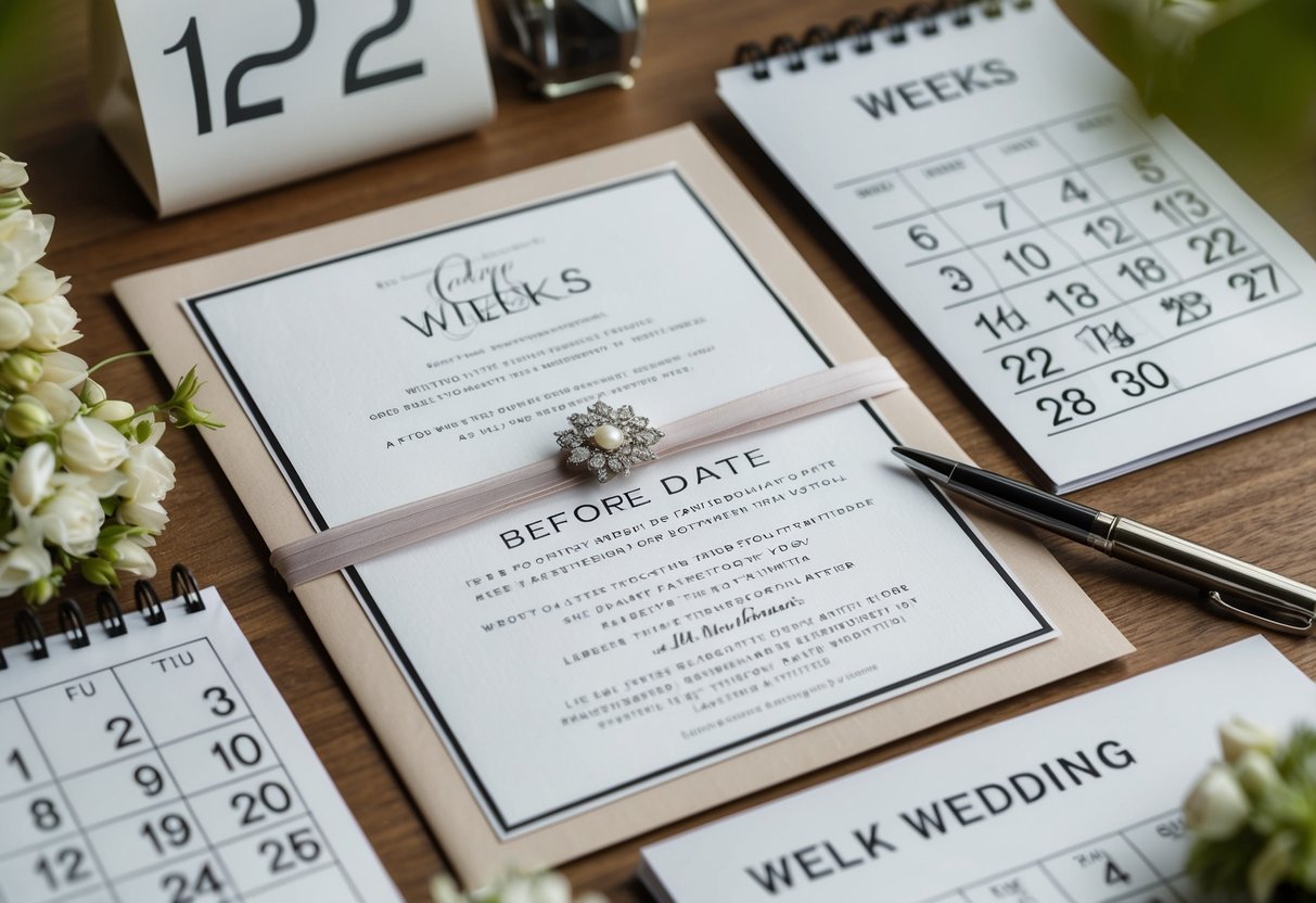 A wedding invitation surrounded by a calendar showing 12 weeks before the wedding date, with a pen hovering over the invitation