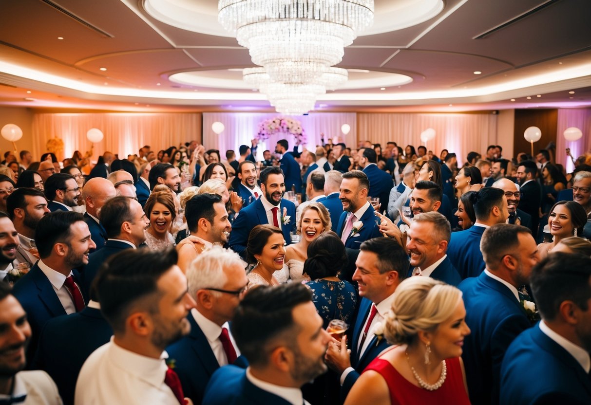 A crowded wedding venue with 50 guests celebrating in a festive atmosphere