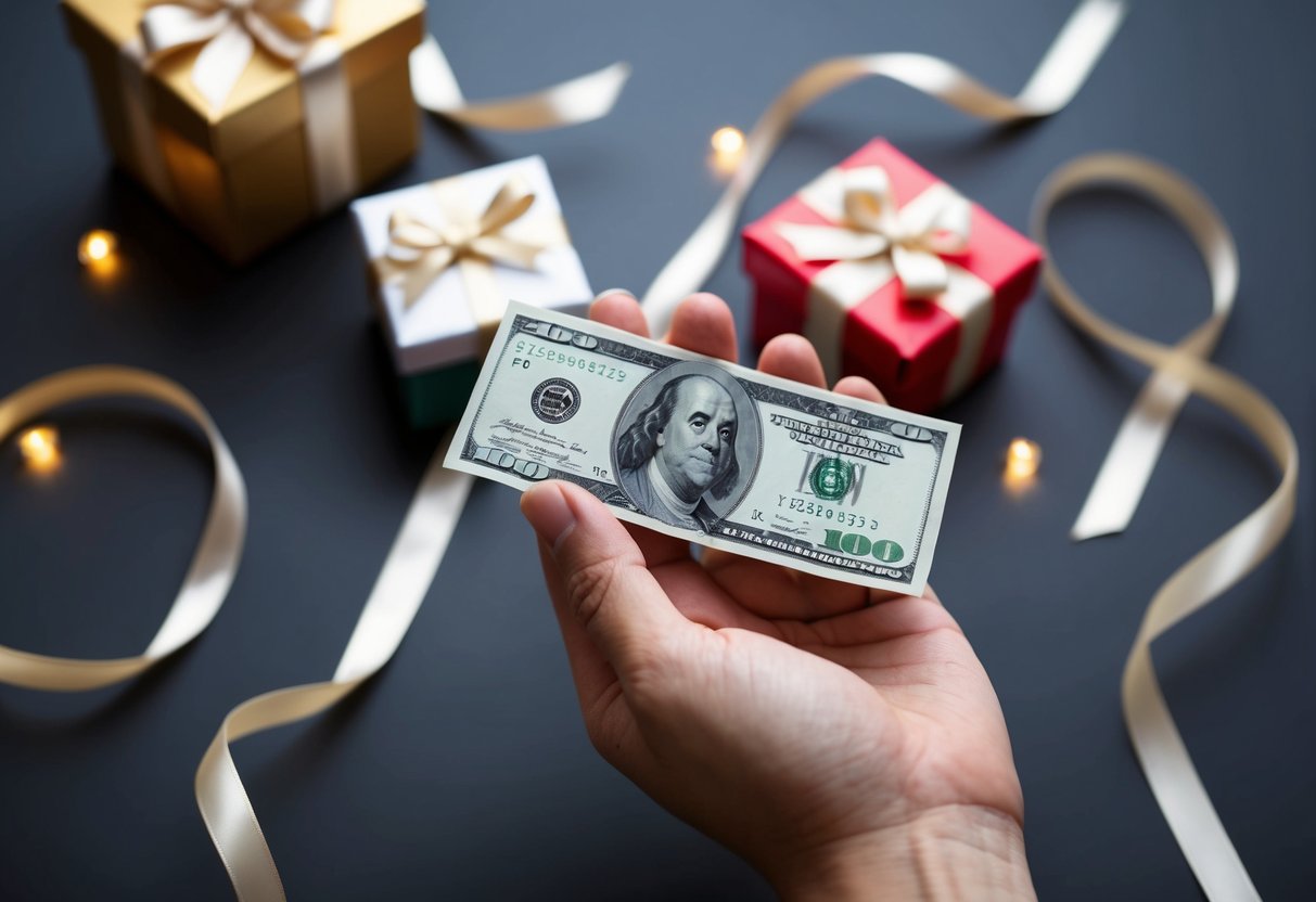 A hand holding a crisp banknote, surrounded by a ribbon and a small gift box