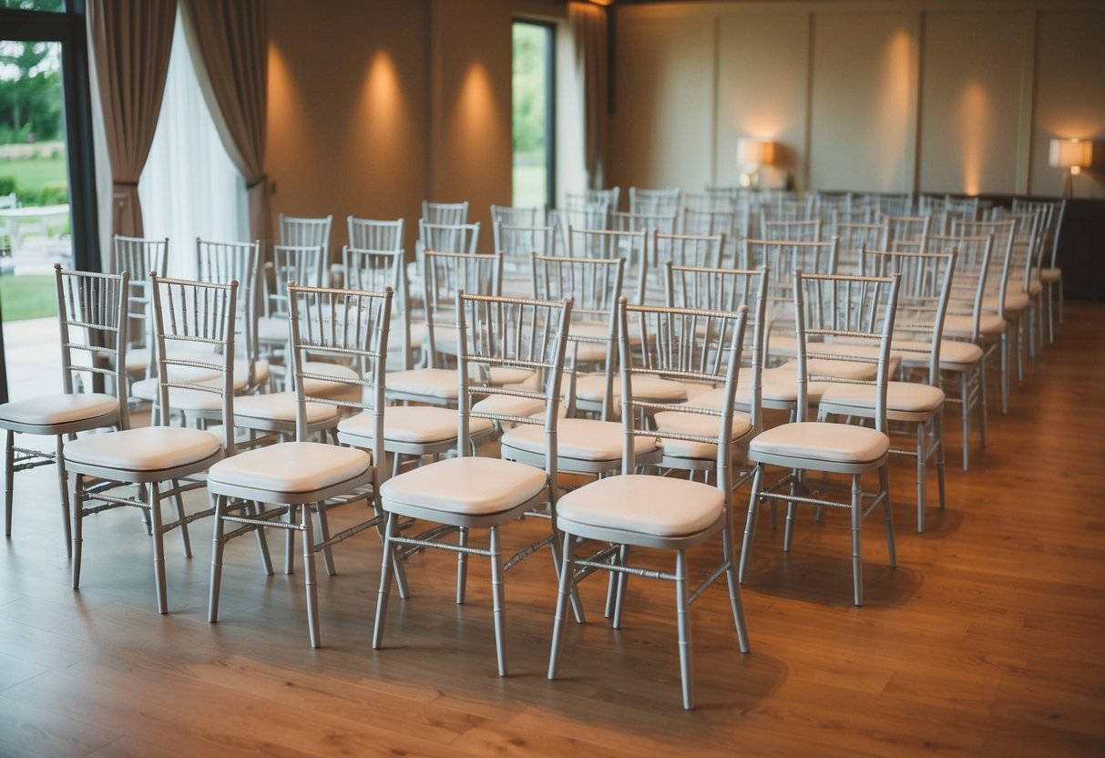 A wedding venue with 50 empty chairs arranged in neat rows