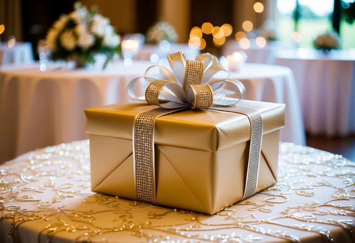 An elegantly wrapped gift box placed on a beautifully decorated gift table at a wedding reception