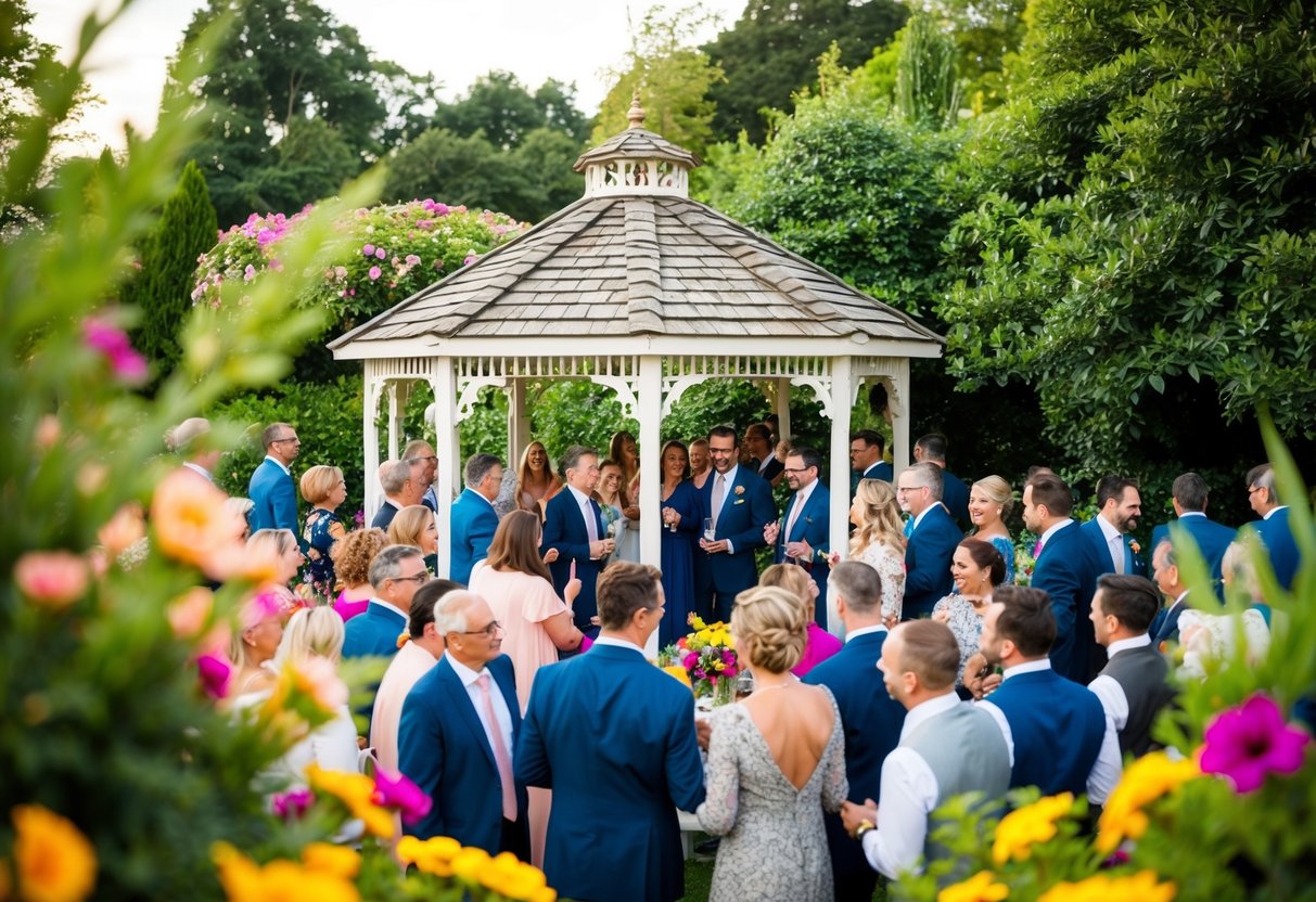 A cozy outdoor setting with a beautifully decorated gazebo, surrounded by lush greenery and colorful flowers. A small group of 50 guests are gathered, mingling and celebrating