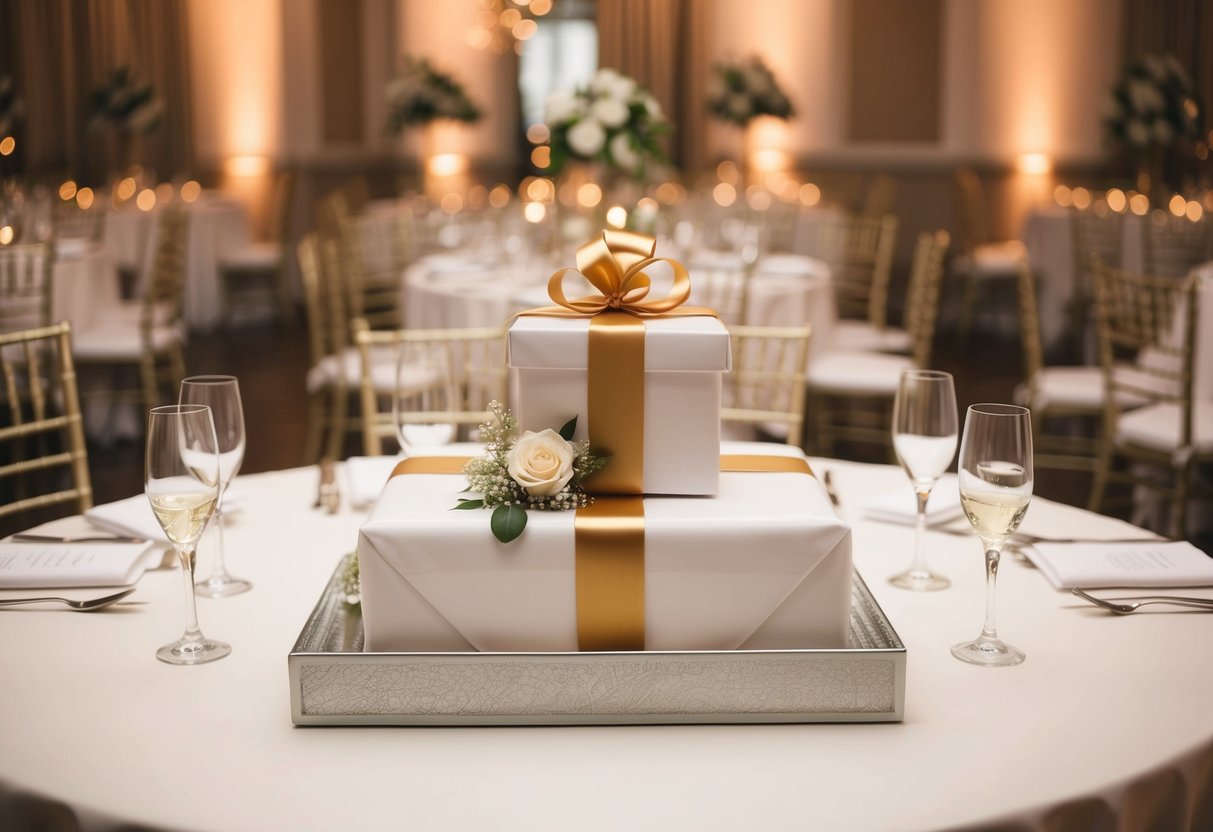 A beautifully wrapped wedding gift sits on a table at a reception, surrounded by elegant decor and soft lighting