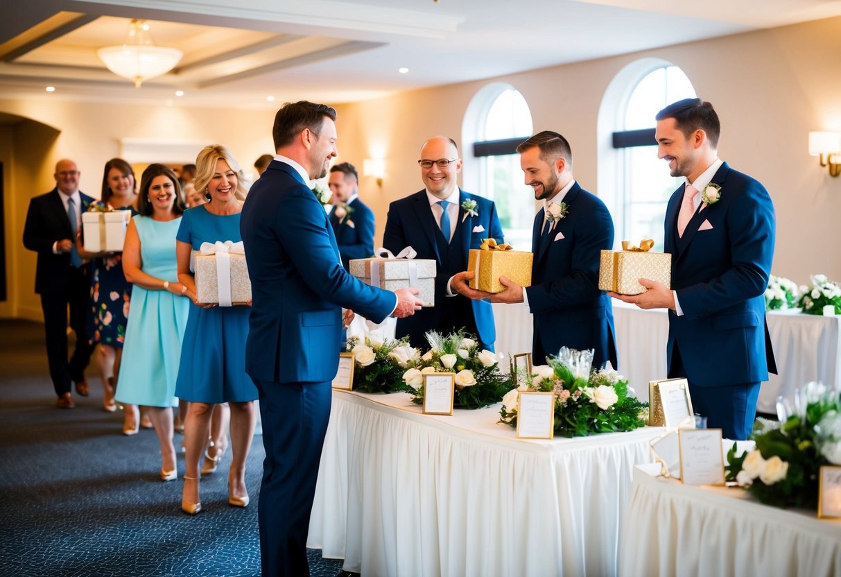 Guests arriving at a wedding venue, presenting gifts to the couple at a beautifully decorated gift table