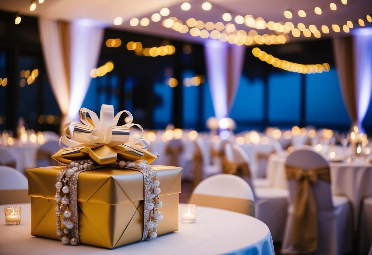 A beautifully wrapped gift sits on a table at the evening wedding reception, surrounded by twinkling lights and elegant decor