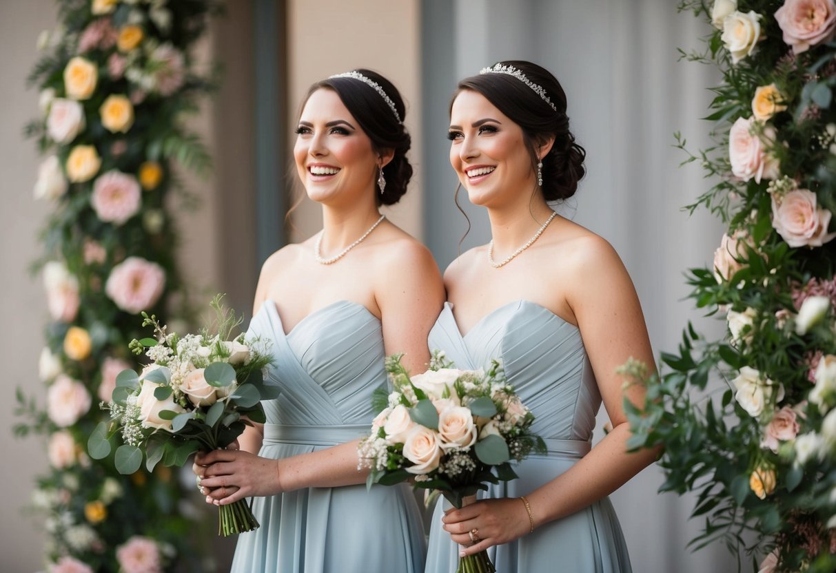 Two bridesmaids standing side by side, holding bouquets and smiling. They are dressed in matching gowns and are surrounded by floral decorations
