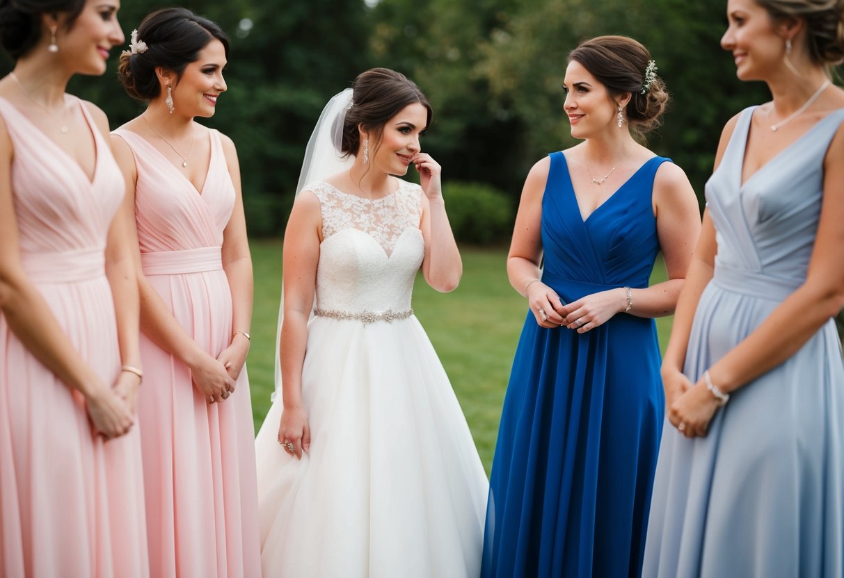 A bride stands between two bridesmaid dresses, one pink and one blue, pondering her decision