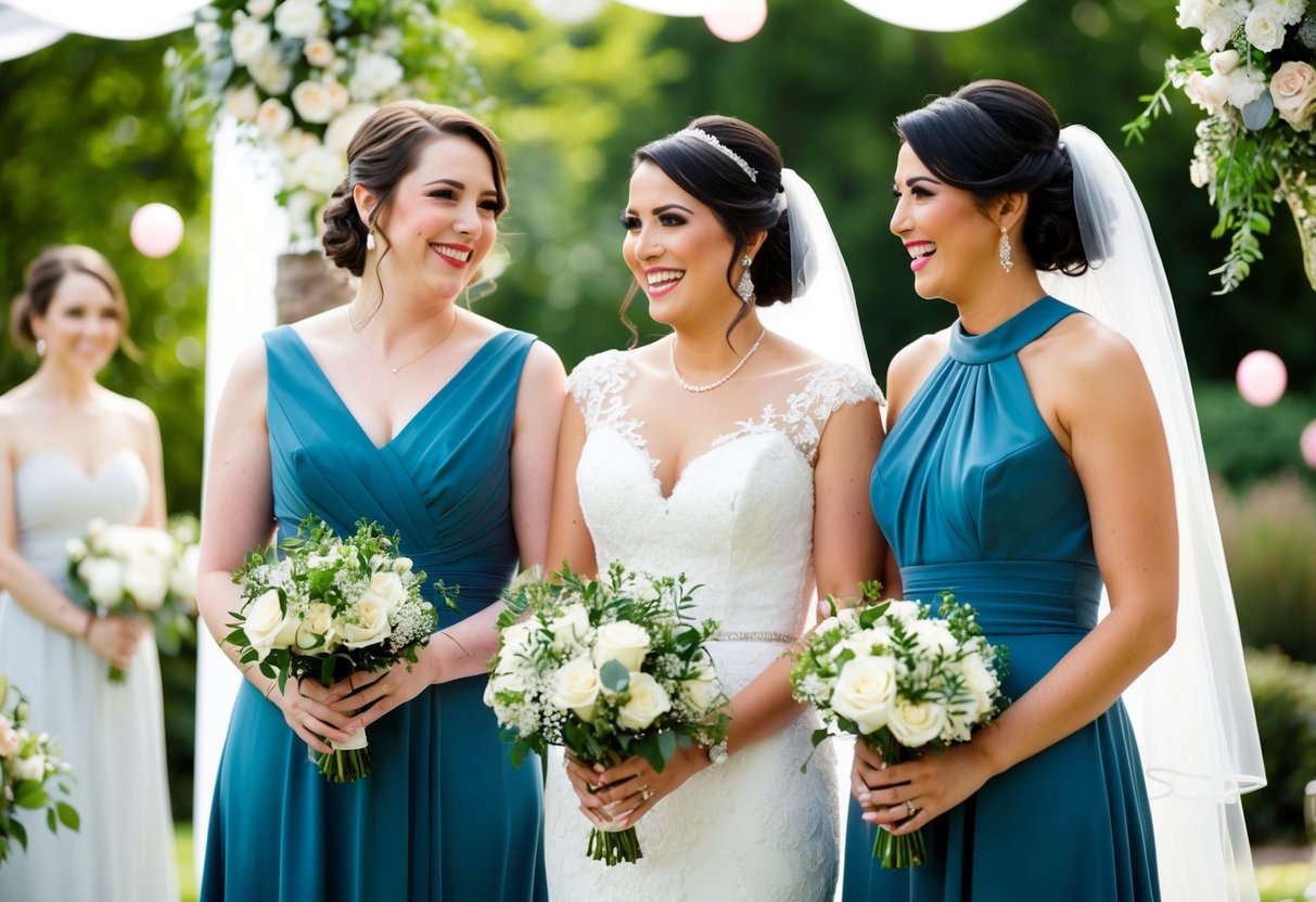 Two bridesmaids stand beside a bride, holding bouquets and smiling. They are dressed in matching gowns and are surrounded by wedding decorations