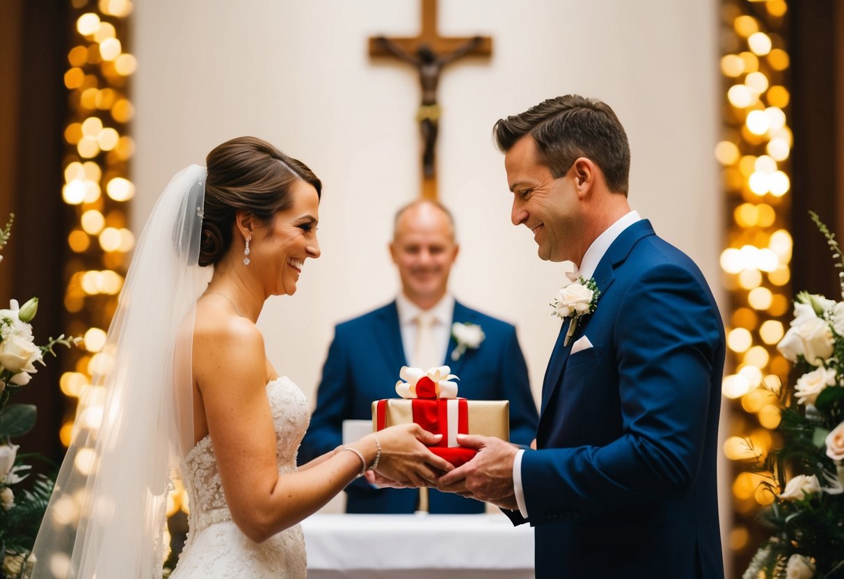 A bride and groom exchanging gifts at the altar