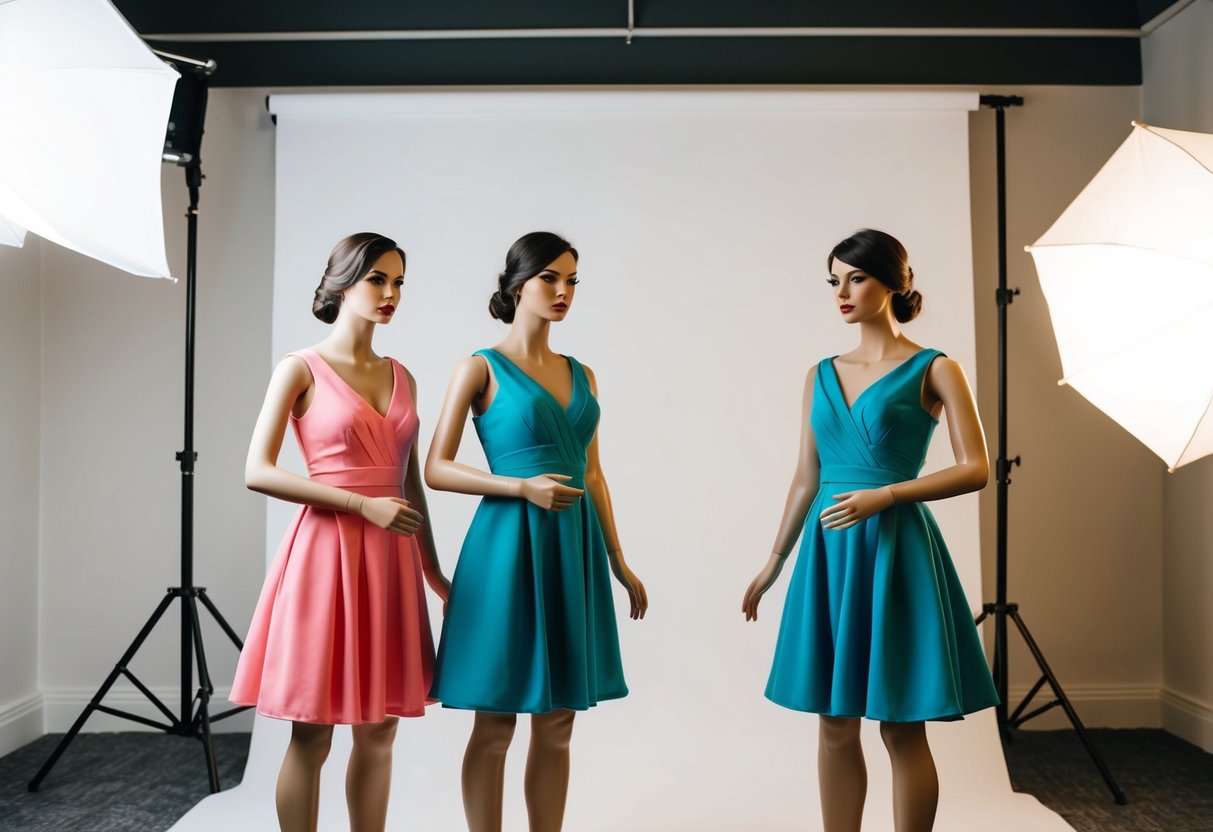 Two mannequins in coordinating bridesmaid attire pose for a photographer in a studio setting