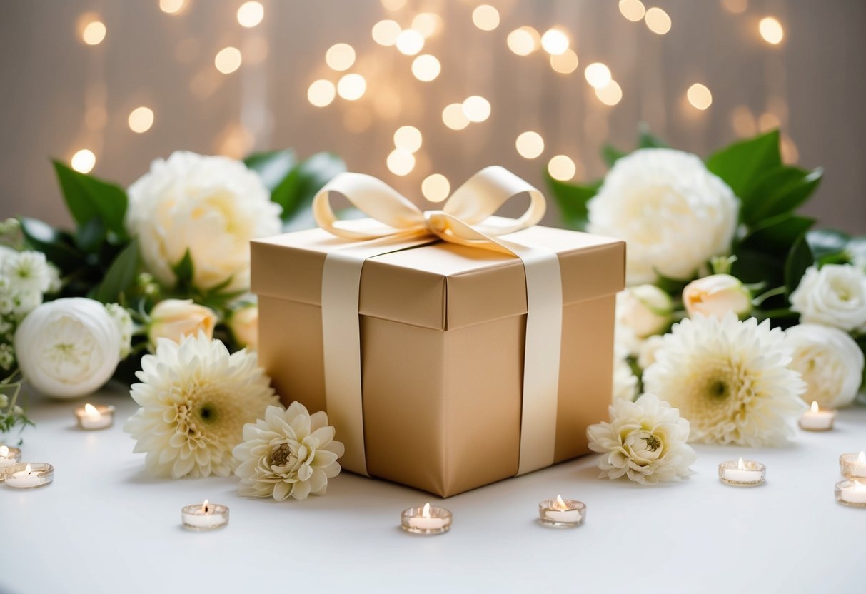 A beautifully wrapped gift box surrounded by elegant wedding decor and flowers