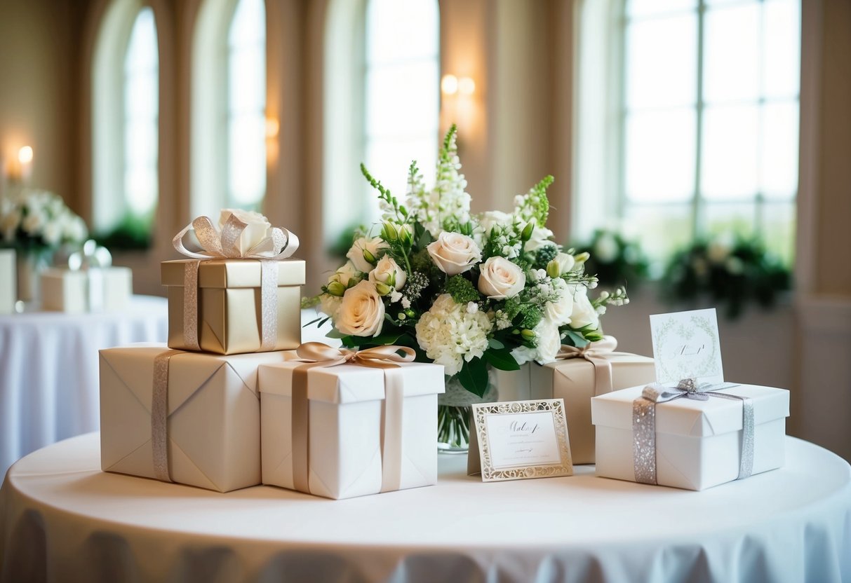 A table adorned with elegant wedding gifts, including wrapped packages, flowers, and a decorative card holder