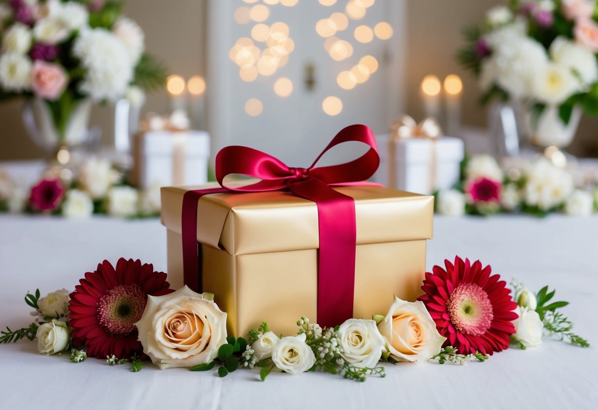 A beautifully wrapped gift box surrounded by elegant wedding decor and flowers