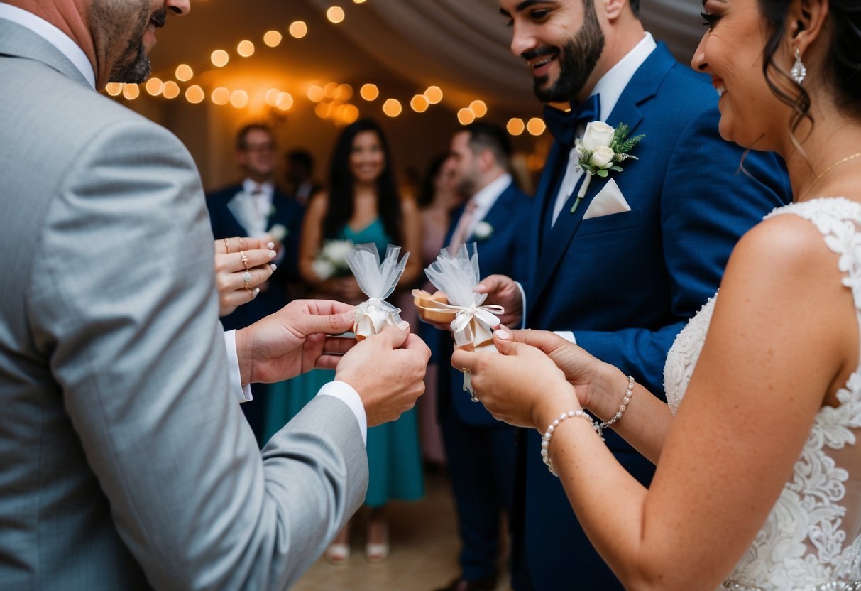 A bride and groom's hands exchange wedding favors with guests at the reception