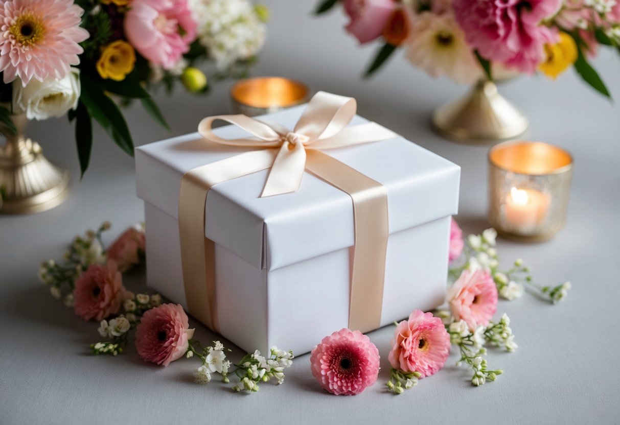 A beautifully wrapped gift box surrounded by blooming flowers and elegant wedding decor