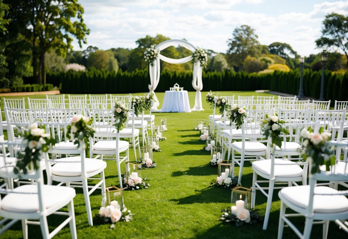 A picturesque outdoor wedding venue with rows of white chairs set up on a lush green lawn, adorned with floral decorations and a beautiful archway at the front