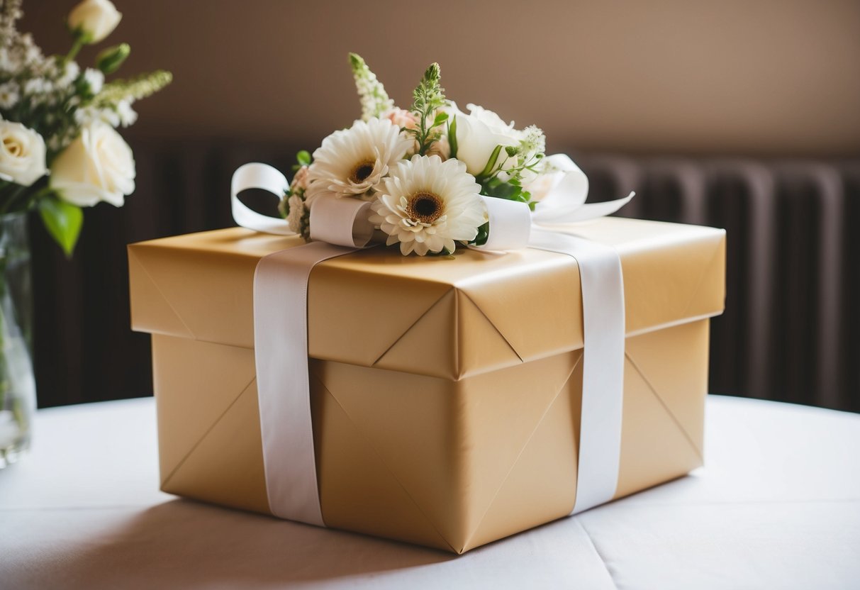 A beautifully wrapped gift box sits on a table, adorned with ribbons and flowers, ready to be presented to the bride on her wedding day