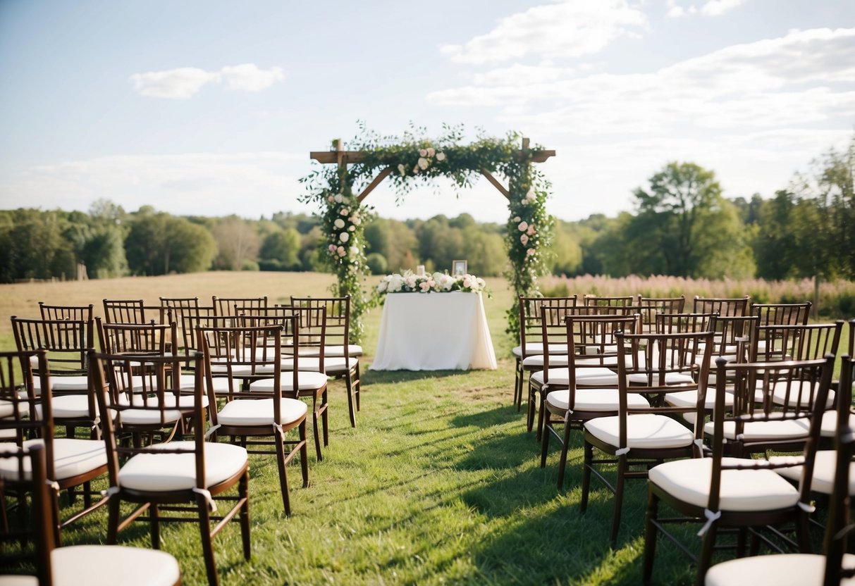 A cozy outdoor wedding venue with 40 chairs arranged in a semi-circle around a simple altar adorned with flowers and greenery