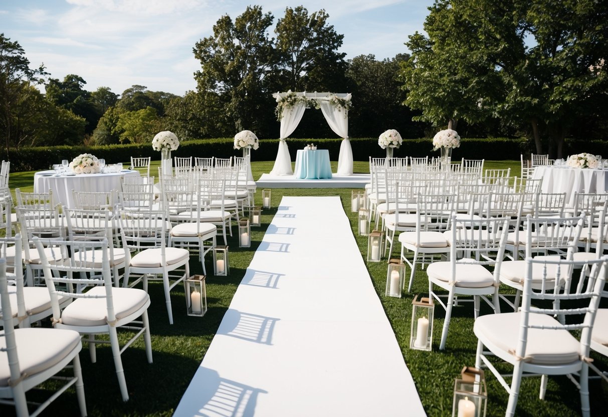 A 40-person wedding: a spacious outdoor venue with rows of chairs, a decorative arch, and a small stage for the ceremony. Tables with elegant centerpieces are set up for the reception