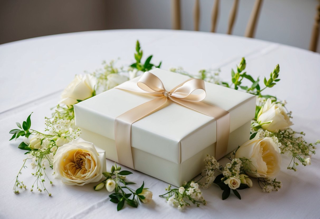 A beautifully wrapped gift box sits on a table, surrounded by delicate flowers and elegant ribbon, ready to be presented to the bride on her wedding day