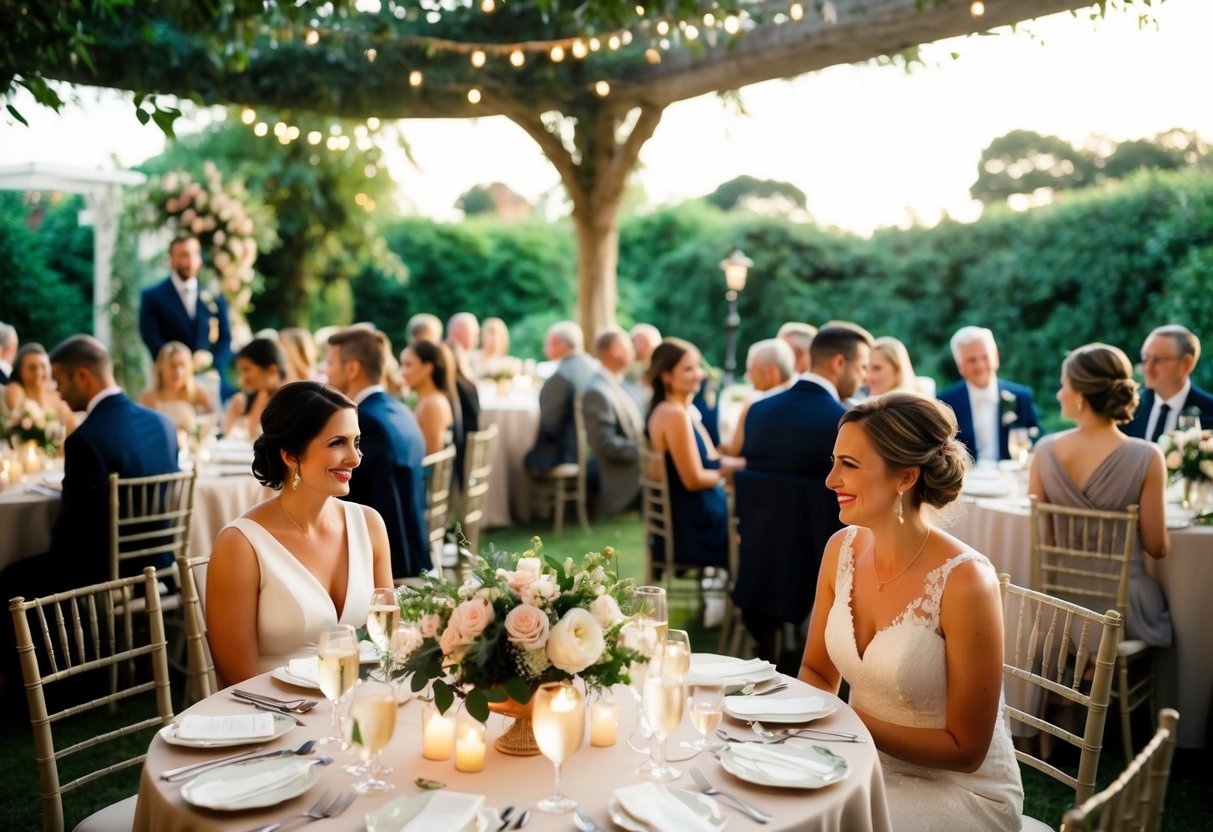 A cozy outdoor wedding with a lush garden backdrop, 40 guests seated at elegant tables adorned with floral centerpieces. A warm, romantic atmosphere with soft lighting and a serene ambiance