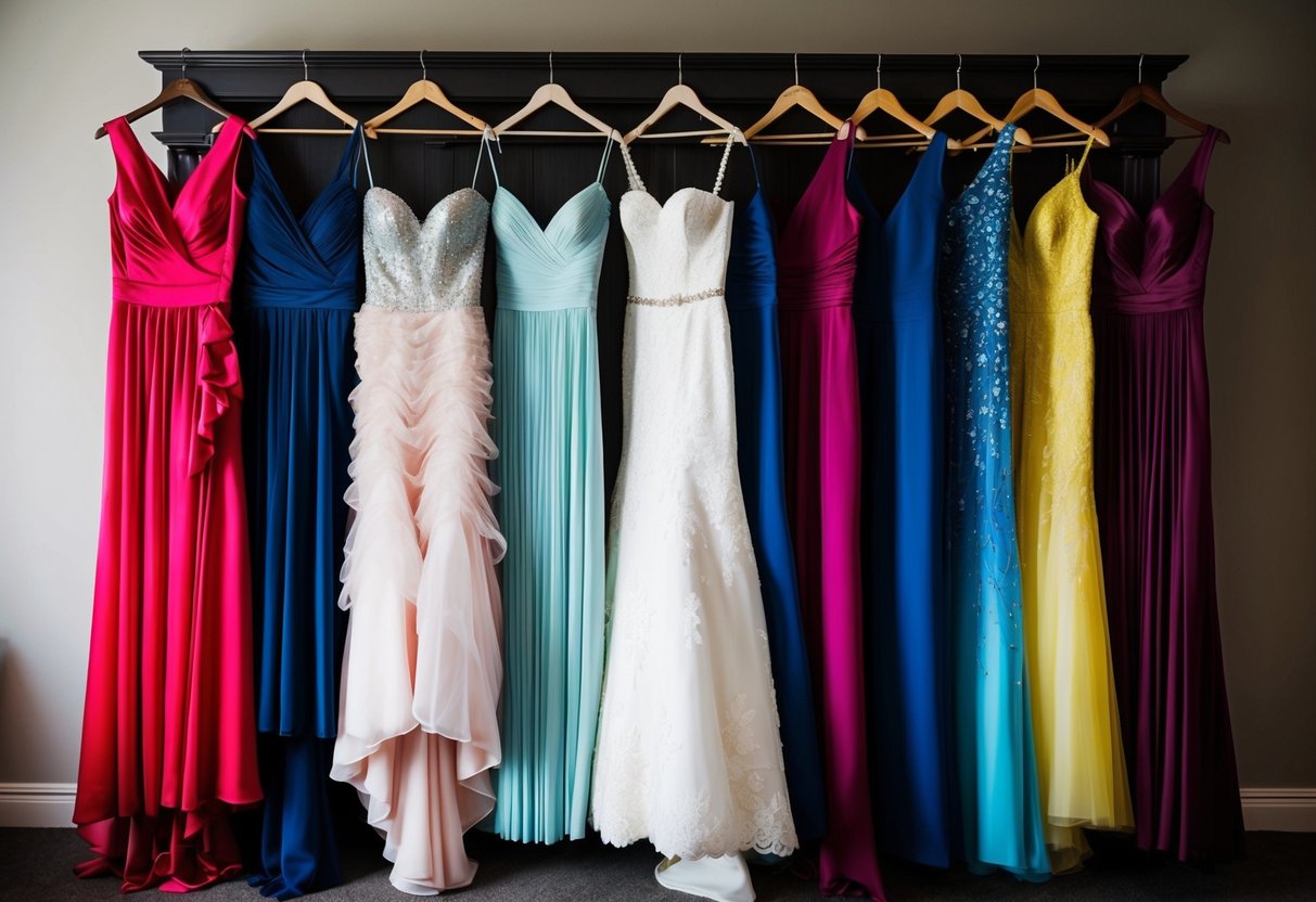 12 bridesmaid dresses hanging in a row, each with a unique style and color, ready for the big day