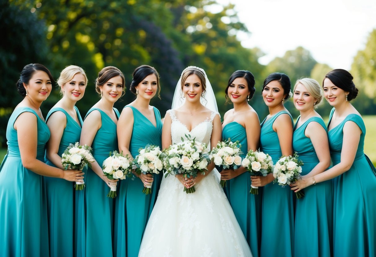A bride surrounded by 12 bridesmaids in matching dresses, holding bouquets, and posing for a photo