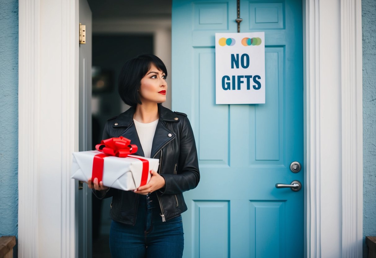 A person standing in front of a door, holding a wrapped gift and looking uncertain. The invite on the door says "no gifts."