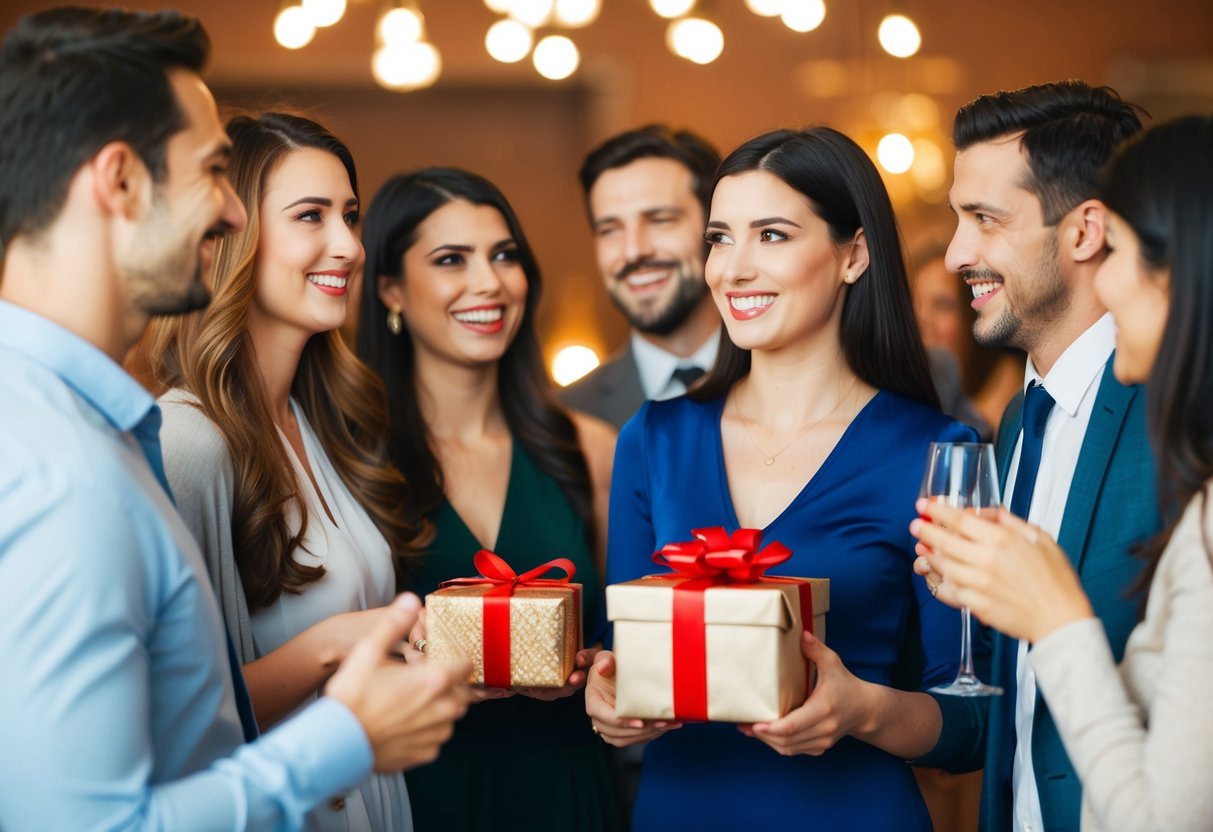 A group of people at a party, smiling and chatting, with one person holding a wrapped gift but looking uncertain