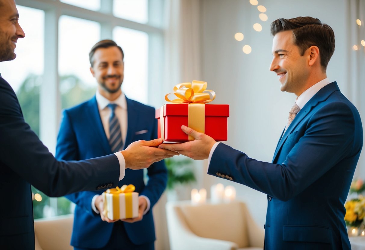 A person handing a gift to the host, who is politely declining with a smile