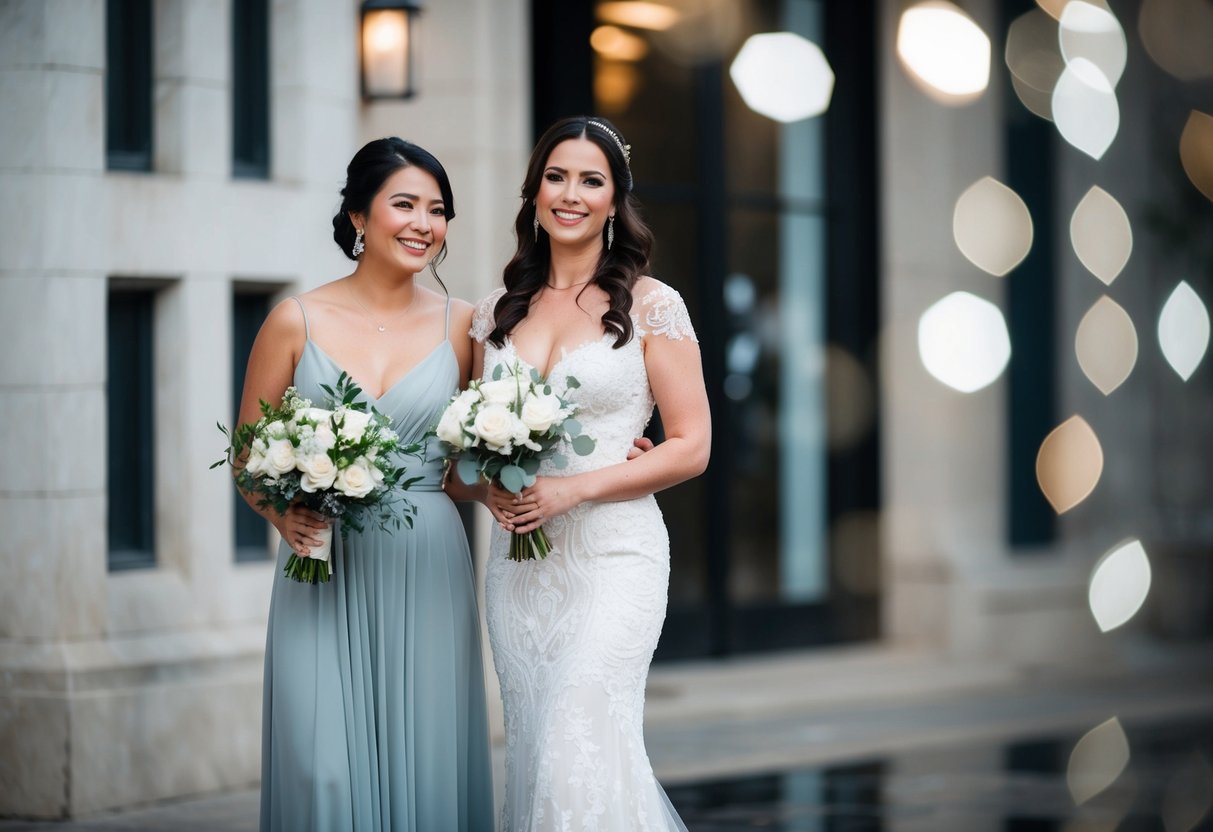 A woman in a long, elegant dress stands next to the bride, holding her bouquet and smiling