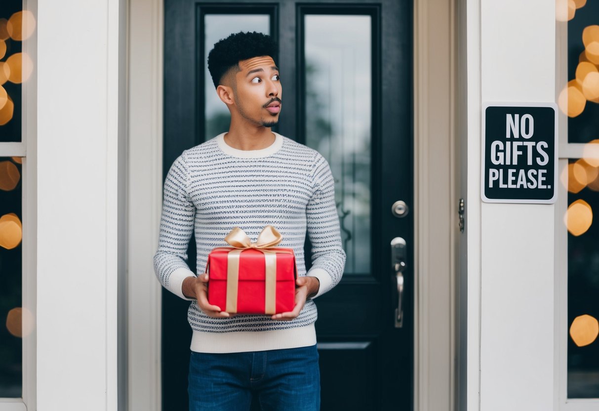 A person standing at a doorstep, holding a wrapped gift with a puzzled expression while looking at a sign that says "No gifts, please."