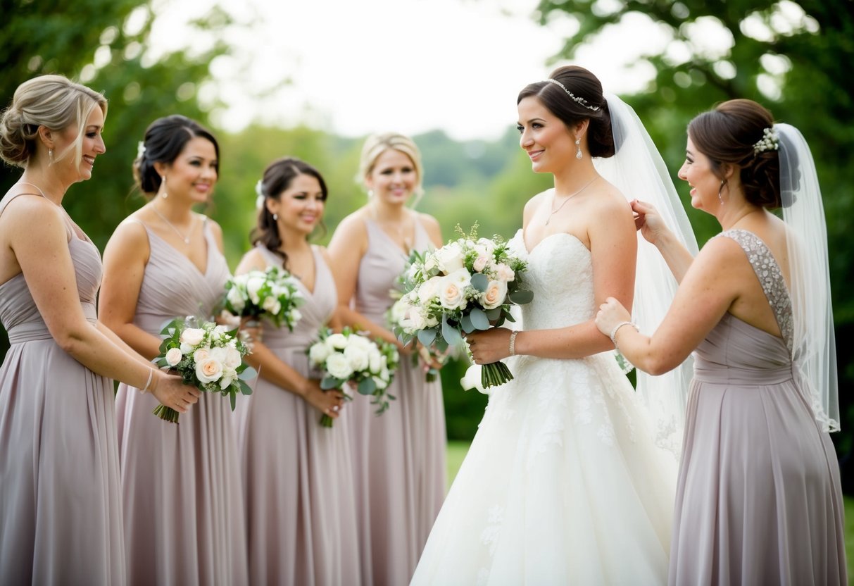 The maid of honor stands beside the bride, holding her bouquet and adjusting her veil. Bridesmaids gather around, helping with final preparations