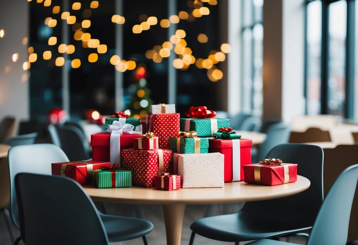 A table filled with wrapped gifts, surrounded by empty chairs