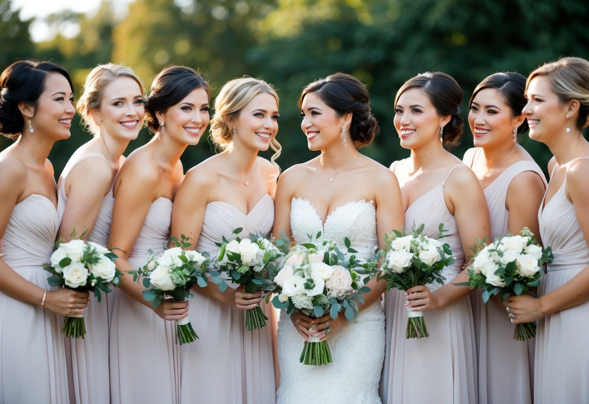 A group of women in elegant dresses gather for a photo after a wedding ceremony. The maid of honor stands out among the bridesmaids