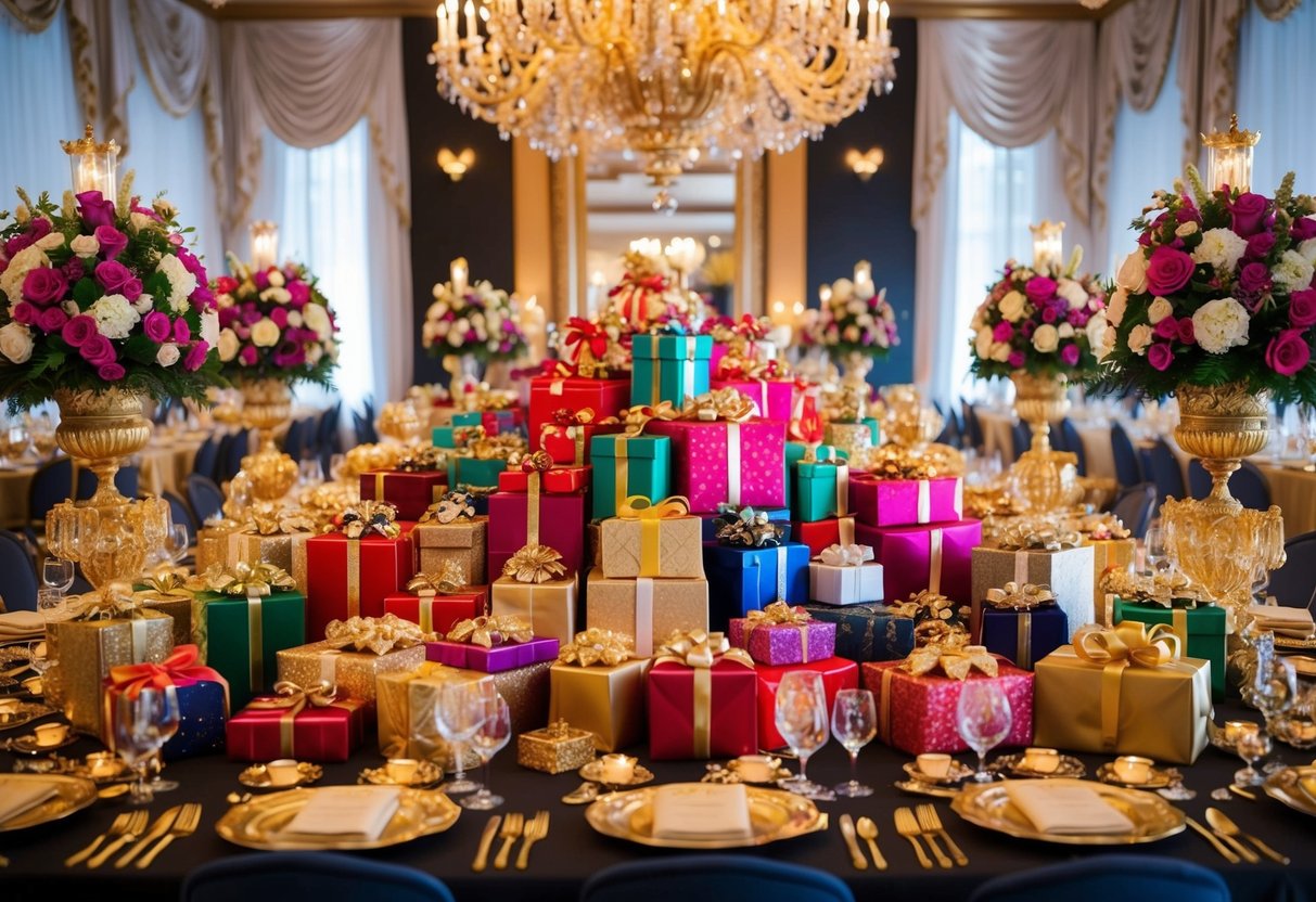 A lavish banquet table overflowing with extravagant gifts and ornate packages, surrounded by opulent decorations and floral arrangements
