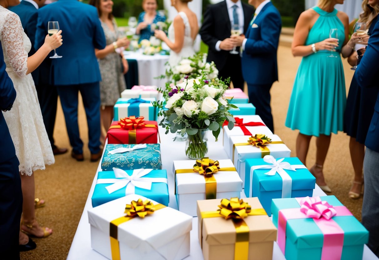 A table with various wedding gifts, including wrapped packages and decorative items, surrounded by guests mingling and socializing