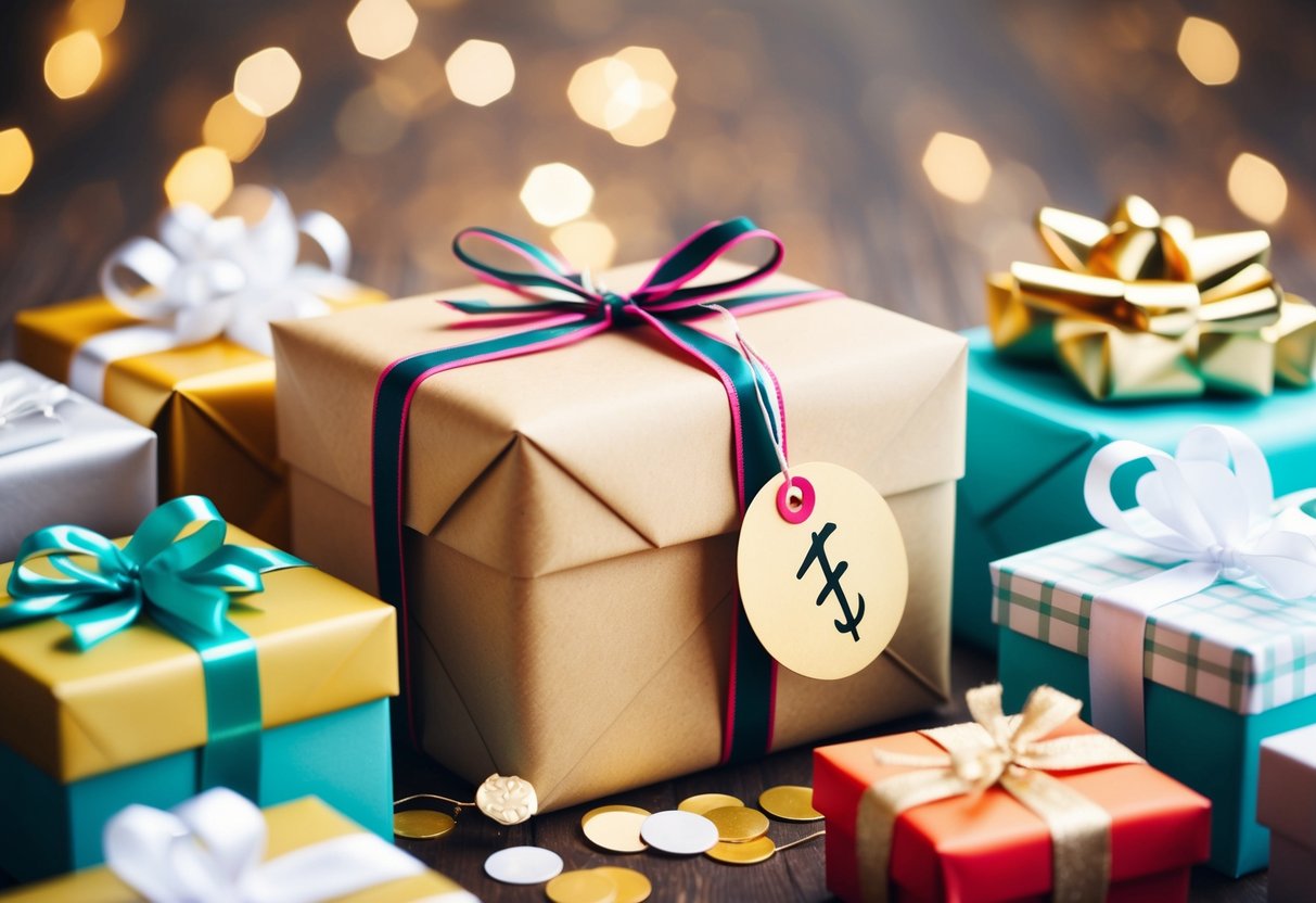 A beautifully wrapped gift box surrounded by various other wedding gifts, with a price tag visible on one of the items