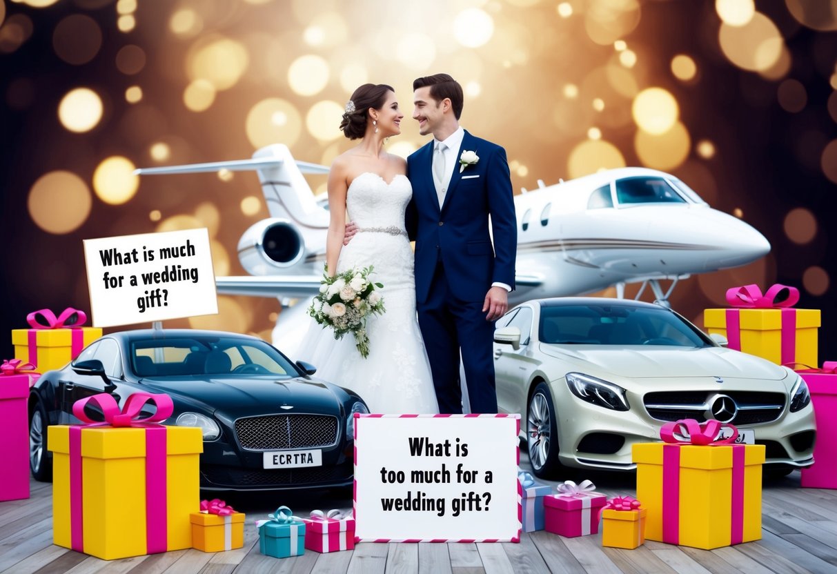 A couple surrounded by extravagant gifts, including a luxury car and a private jet, with a sign reading "What is too much for a wedding gift?"