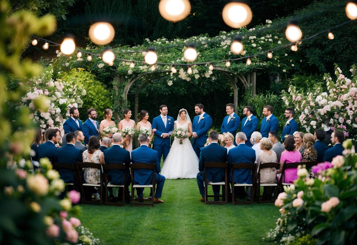 A small, intimate wedding with 30 guests gathered in a lush garden surrounded by blooming flowers and twinkling lights