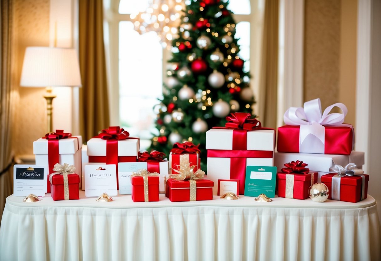 A festive wedding gift table with a variety of gift cards and seasonal presents displayed in an elegant setting
