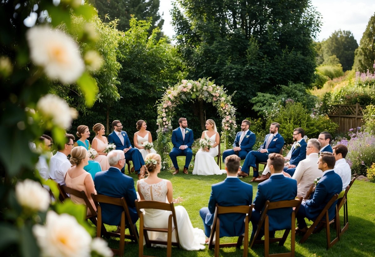 A cozy outdoor garden wedding with a small, intimate gathering of 30 guests seated in a circle around a beautiful floral archway