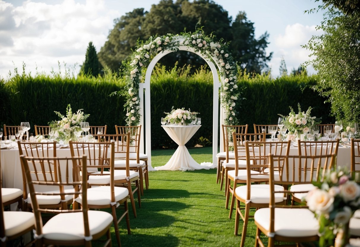 A cozy outdoor wedding venue with 30 chairs arranged in front of a beautiful arch adorned with flowers and greenery. Tables are set with elegant place settings and centerpieces, ready for a small but intimate celebration