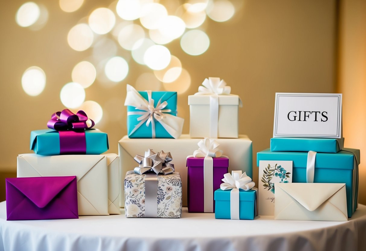A wedding gift table with a variety of wrapped presents and envelopes, with a decorative card box and a sign indicating "gifts."