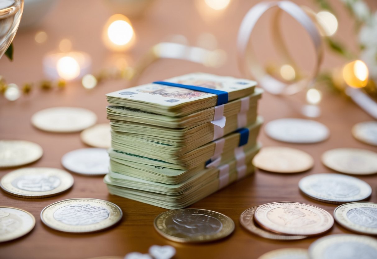 A stack of British pounds surrounded by wedding-themed decorations