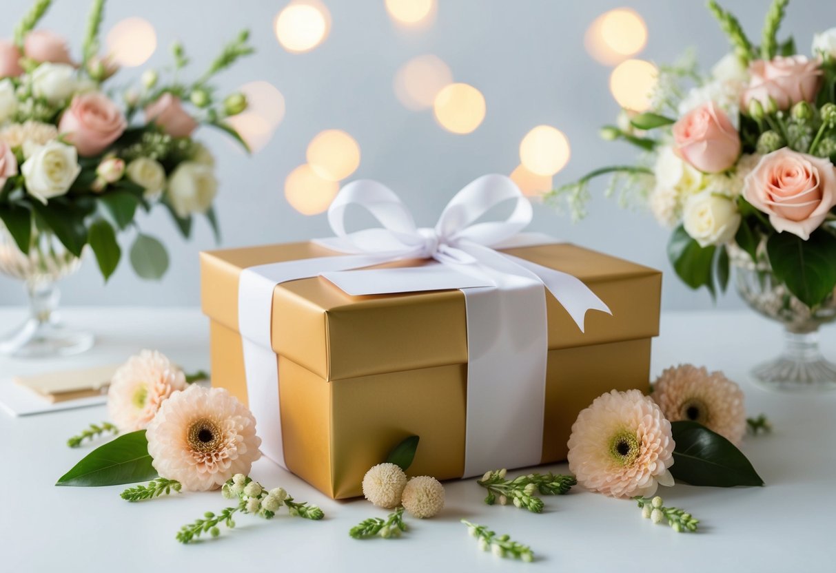 A beautifully wrapped gift box with a ribbon and bow, surrounded by elegant floral arrangements and a card