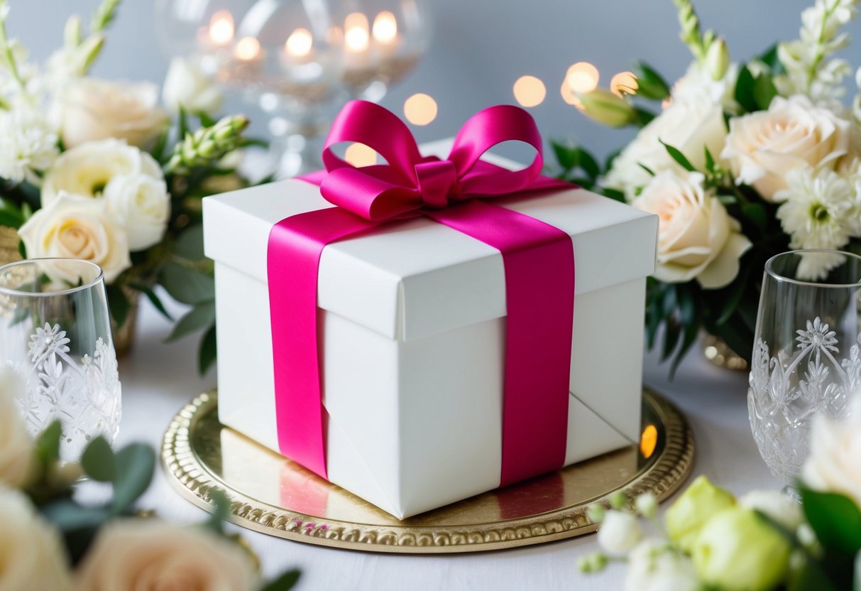 A beautifully wrapped gift box with a bow on top, surrounded by elegant wedding decor and floral arrangements