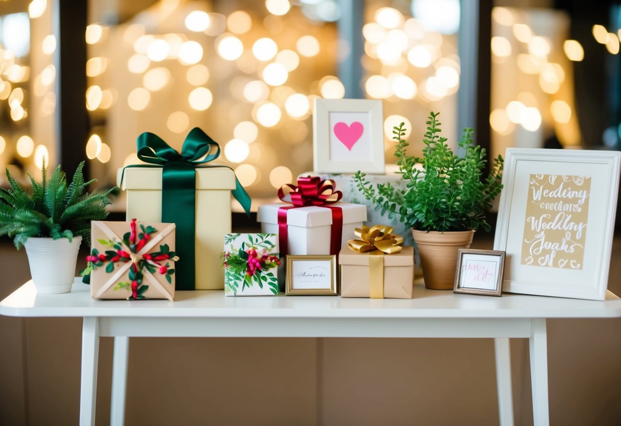 A wedding gift table with various non-monetary items like homemade crafts, potted plants, and personalized artwork