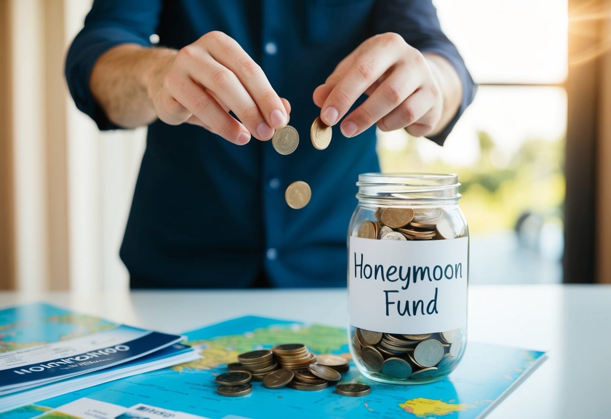 A couple's hands dropping coins into a jar labeled "honeymoon fund" on a table with travel brochures and a map