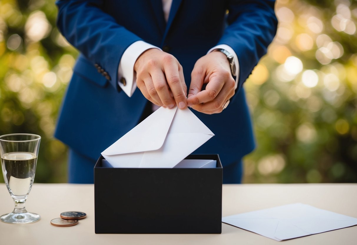 Groomsman placing envelope with cash into wedding card box